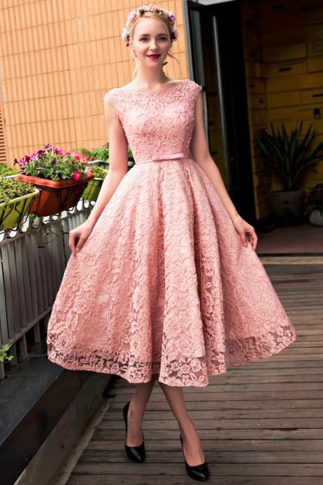 Lovely Pearl Pink Lace Tea Length Party Dress, Prom Dress 2020