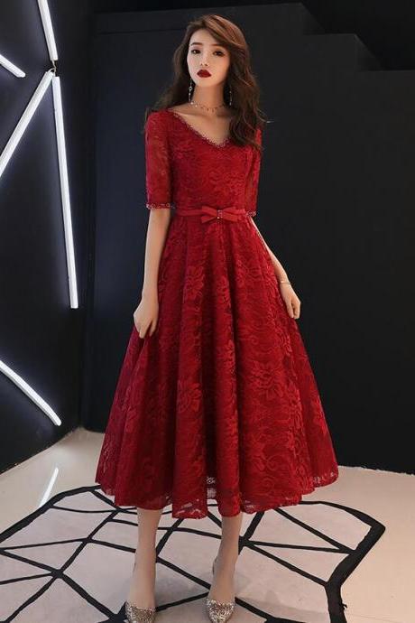 Beautiful Wine Red Lace Tea Length Party Dress, Lace Evening Dress