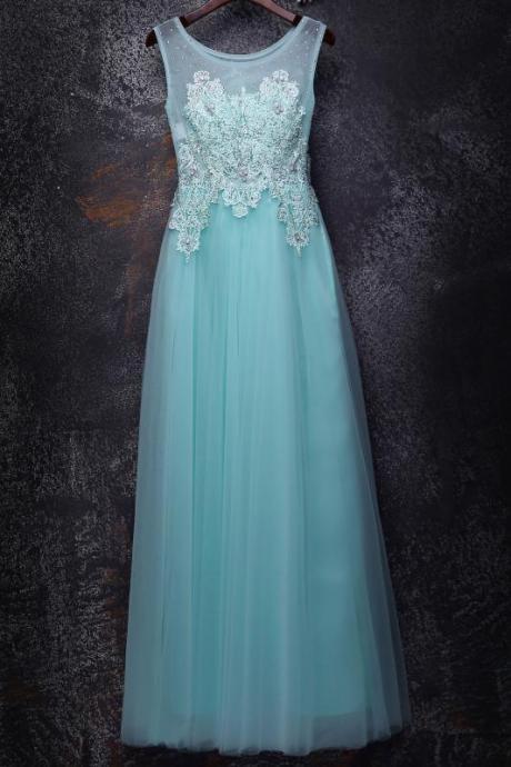 Charming Mint Tulle With Lace Long Prom Dress, A-line Prom Dress 2020