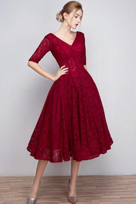 Charming Tea Length Bridesmaid Dress, Lace Party Dress 2020