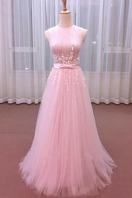 Pink Tulle Round Neckline Beaded Party Gown, Pink Prom Dress 2020