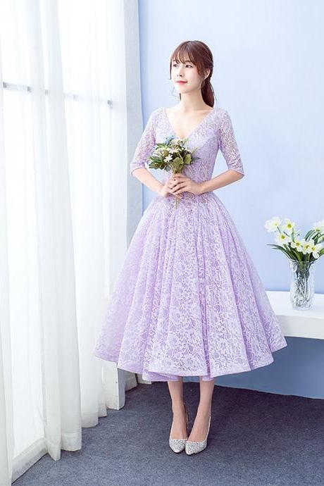 Beautiful Light Purple Lace Tea Length Bridesmaid Dress, Short Prom Dress