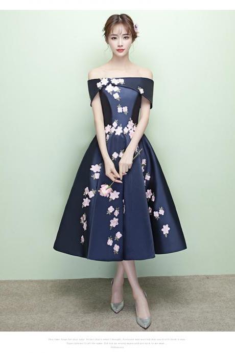 Beautiful Tea Length Navy Blue Satin with Flower Party Dress, Wedding Party Dress 2020
