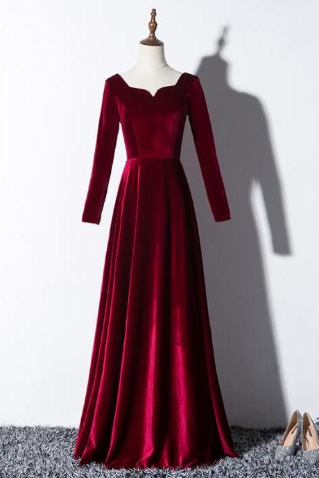 Charming Burgundy Velvet Bridesmaid Dress, Long Party Dress