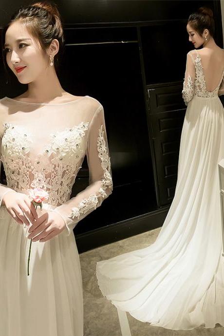 Beautiful Ivory Chiffon Long Sleeves Party Gown, Wedding Party Dress
