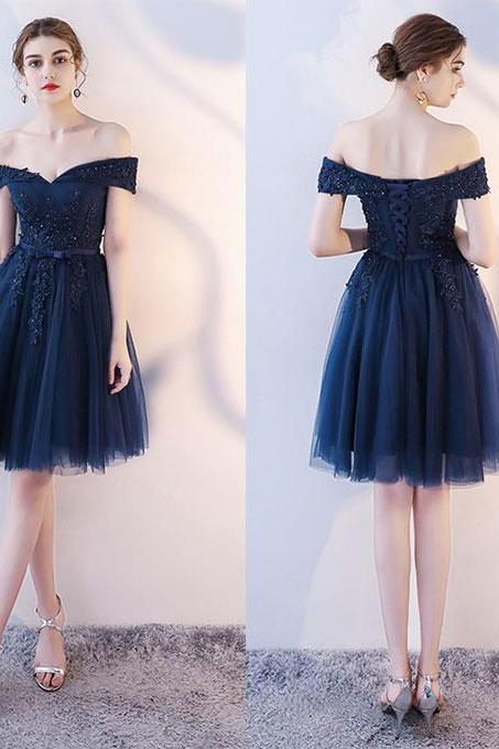 Cute Navy Blue Short Lace Applique Prom Dress, Off Shoulder Party Dress