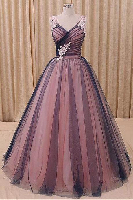 Beautifultulle V-neck Neckline Ball Gown Evening Dress With Lace Applique, Pink Gown