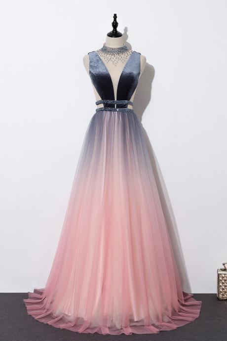 Charming Pink Tulle Long Party Gown, Gradient Pink Prom Dress 2020