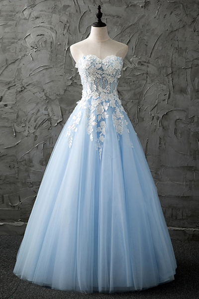 Light Blue Tulle Floor Length Prom Dress, A-line Party Gown 2020