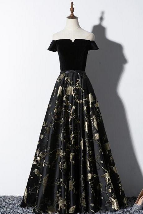 Black Floral Satin And Velvet Long Prom Dress, A-line Bridesmaid Dress