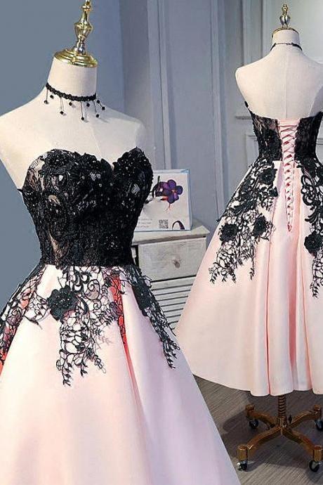 Cute Satin Light Pink Tea Length Formal Dress, Prom Dress 2020