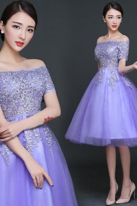 Lovely Purple Knee Length Tulle With Lace Bridesmaid Dress, Short Prom Dress