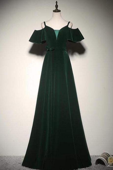 Beautiful Straps Velvet Dark Green Floor Length Party Dress, Green Prom Dress