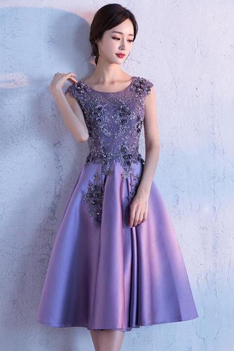 Beautiful Purple Satin Short Party Dress, Lace Applique Prom Dress