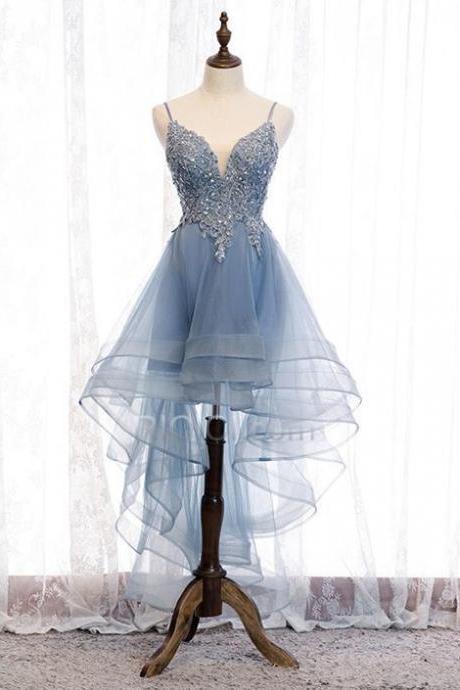 Elegant Blue V-neckline High Low Party Dress, Straps Prom Dress