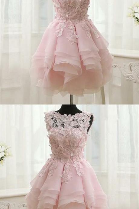 Lovely Pink Short Lace Layers Party Dress, Short Prom Dress