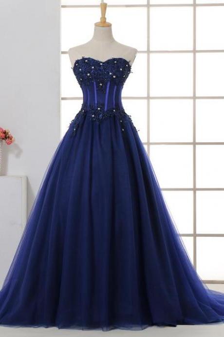 Charming Navy Blue Tulle Sweetheart Party Dress, Blue Ball Gown Formal Dress