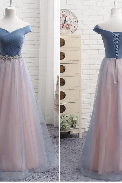 Blue And Pink Tulle Long Party Dress, Tulle Prom Dress 2020