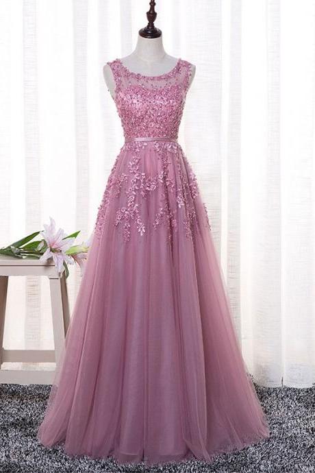 Elegant Pink Lace Applique Long Prom Dress, Round Formal Dress 2020