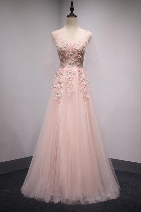 Elegant Pink Tulle Floral Gown, V-neckline Prom Dress 2020