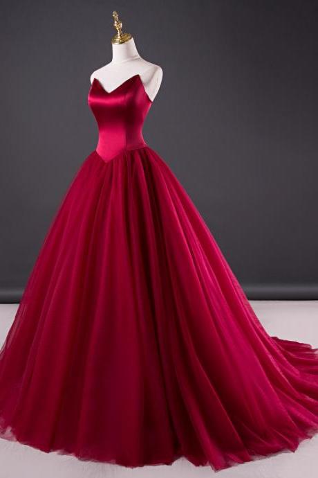 Charming Wine Red Tulle and Satin Long Party Dress, Sweet 16 Gown 