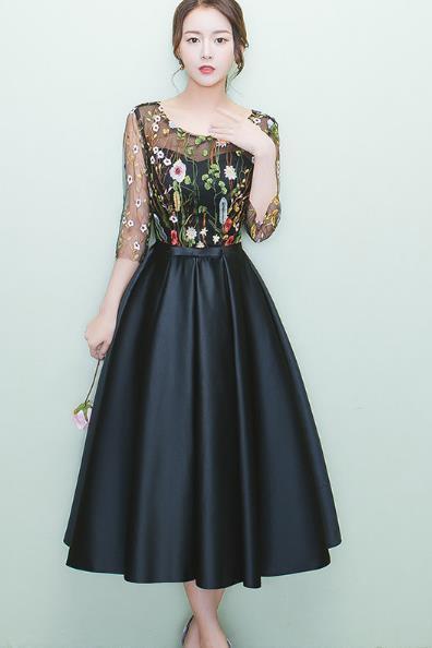 Lovely Black Tea Length Party Dress with Floral Lace, Short Bridesmaid Dresses