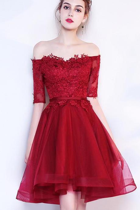 Lovely Short Burgundy Tulle with Lace Party Dress, Sweetheart Formal Dress