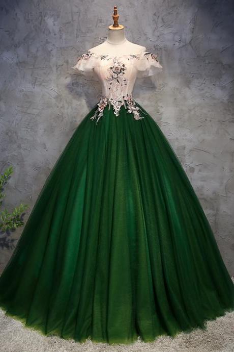 Beautiful Green Tulle Handmade Long Party Dress, A-line Off Shoulder Prom Dress