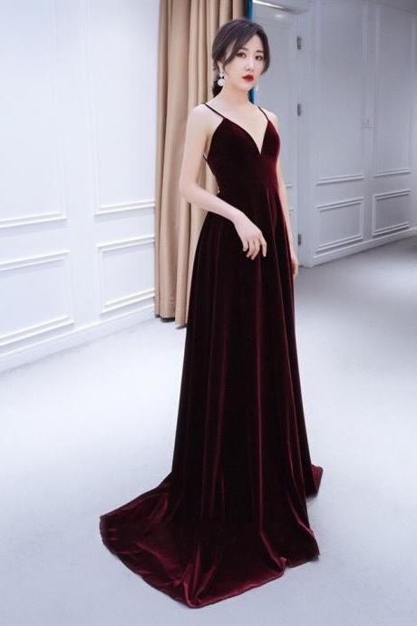 Sexy V-neckline Long Prom Dress, Wine Red Velvet Bridesmaid Dress