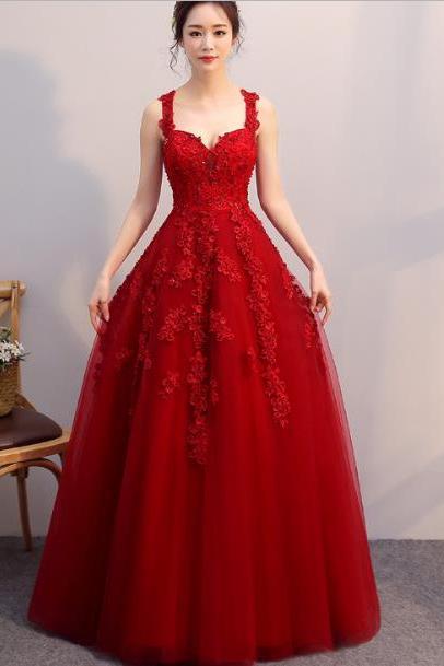 Beautiful Red Tulle With Lace Straps Long Prom Dress 2020, Party Gown 2020
