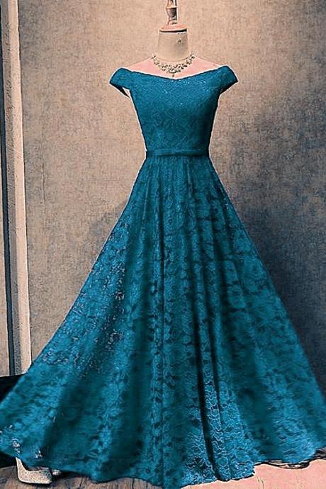 Beautiful Blue Off Shoulder Lace Long Party Dress, A-line Bridesmaid Dress 2020