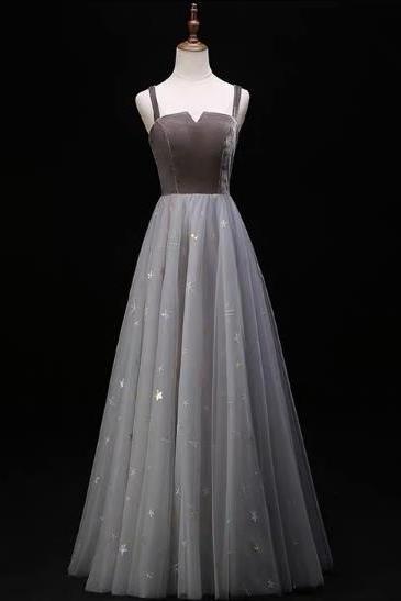 Elegant Straps V-neckline Grey Prom Dress, Tulle with Velvet Long Bridesmaid Dress