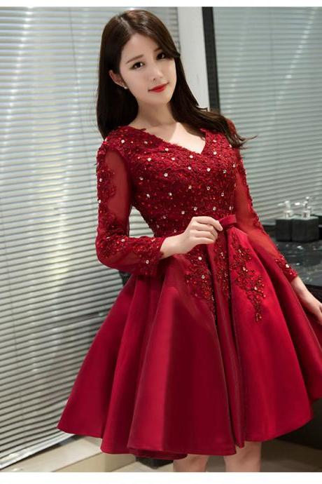 Lovely Burgundy Satin With Lace Long Sleeves Party Dress, Homecoming Dress 2020