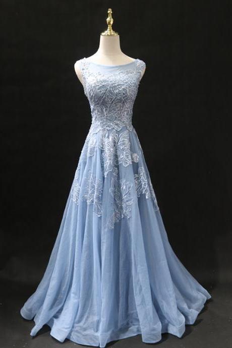 Beautiful Blue Round Neckline Tulle with Lace Party Dress, A-line Formal Gown