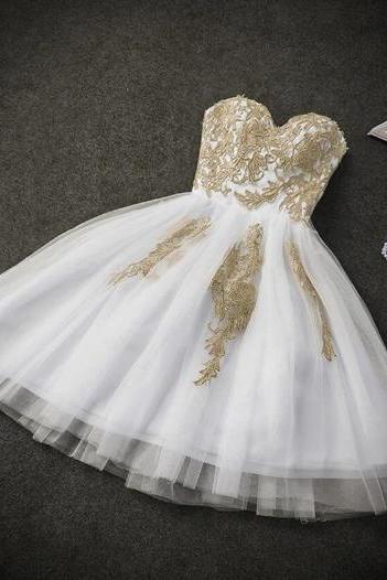 Lovely White Tulle With Lace Applique Sweetheart Party Dress, Short Prom Dress
