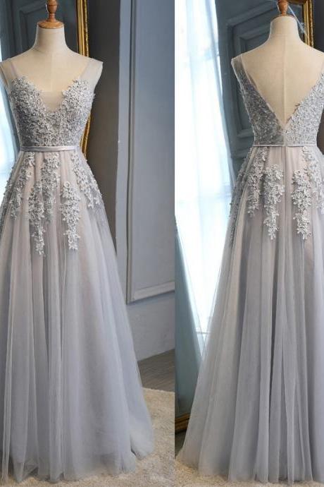 Charming Grey V-neckline Long Party Dress, Formal Gown