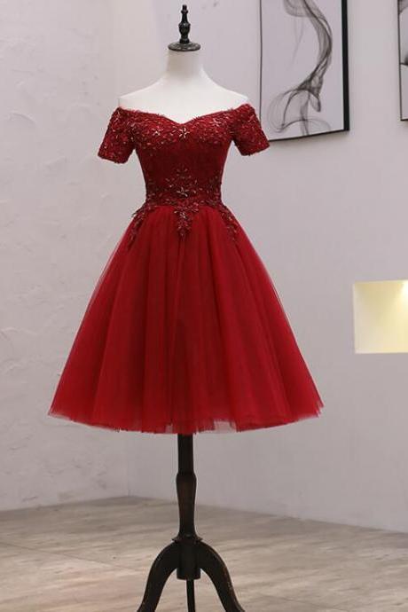 Cute Wine Red Short Tulle With Lace Party Dress, Burgundy Homecoming Dress 2020