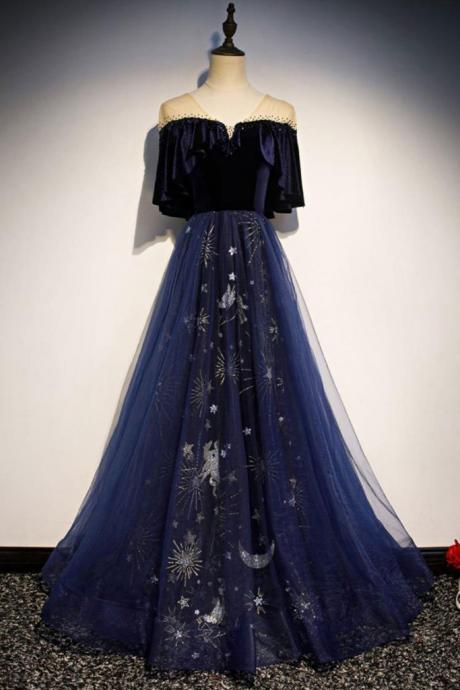 Blue Elegant A-line Long Prom Dress 2020, Blue Party Dress 