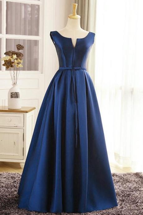Beautiful Navy Blue Satin Long Prom Dress 2020, Formal Gown