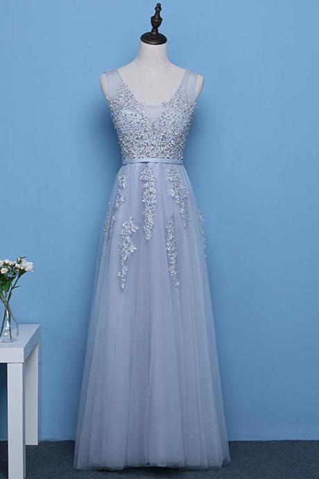 Pretty Tulle With Lace Applique Beaded Long Party Dress, Grey Prom Dress 2020