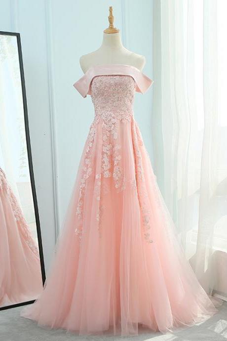 Pink Tulle Off Shoulder Long Formal Dress, Pink Prom Dress 2020
