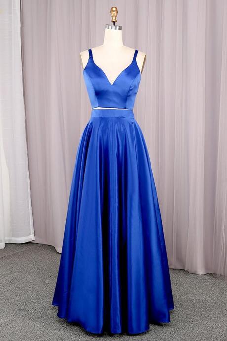 Beautiful Royal Blue Satin Straps Two Piece Party Dress, Long Prom Dress 2020