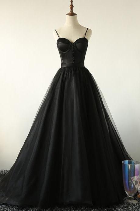 Black Straps Evening Gown, Sexy Sweetheart Black Prom Dress 2020