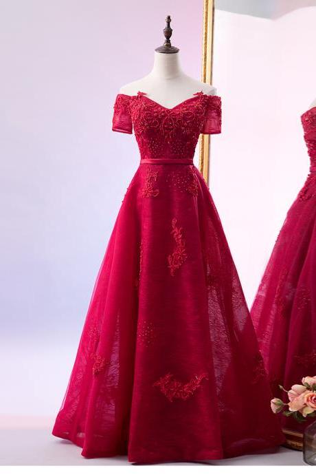 Dark Red Short Sleeves Tulle Bridesmaid Dress, Long Prom Dress