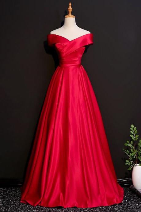 Beautiful Red Satin Off Shoulder Long Evenin Gown, Lace-up Wedding Party Dress