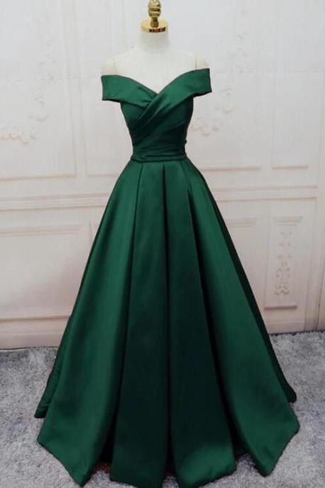 Charming Dark Green Satin Off Shoulder Long Formal Gown, Prom Dress