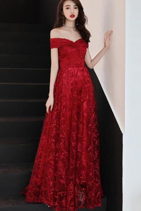 Red Lace Off Shoulder Long Prom Dress, Red Party Gown 2020