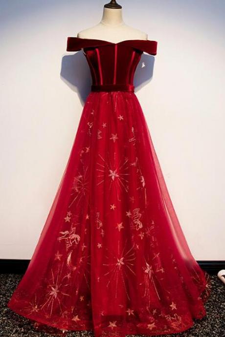 Red Long Party Gown 2020, Off Shoulder Prom Dress 2020