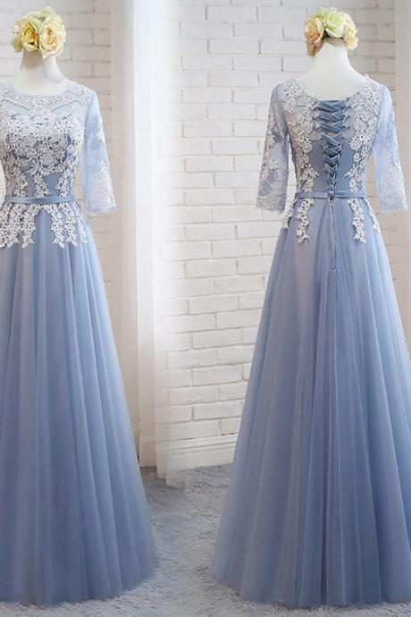 Lovely Short Sleeves Tulle With Lace Party Dress, Blue Party Gown 2020