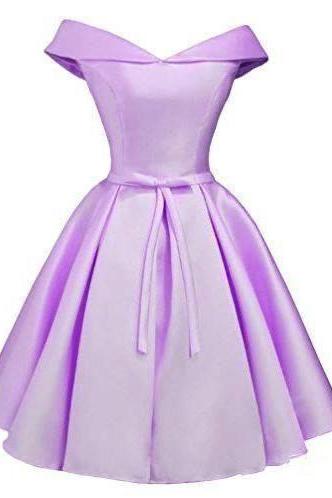 Cute Satin Off Shoulder Lavender Knee Length Dress, Short Prom Dress 2020